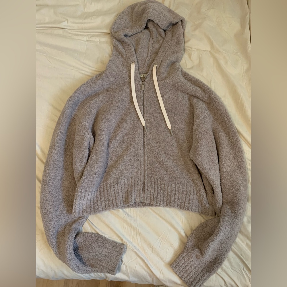 UGG Gray Cropped Hooded Sweater with Ribbed Knit
